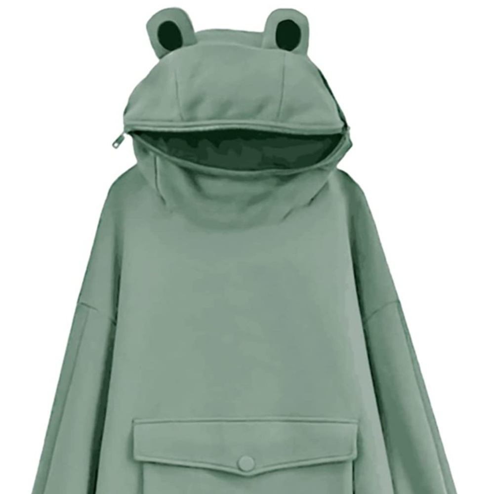 Frog sweatshirt size S. Sage green zippered frog mouth.